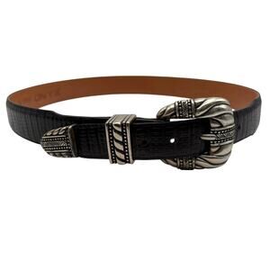 Vintage 90s Onyx Croc Embossed Western Leather Belt Black Silver Tone Size 32